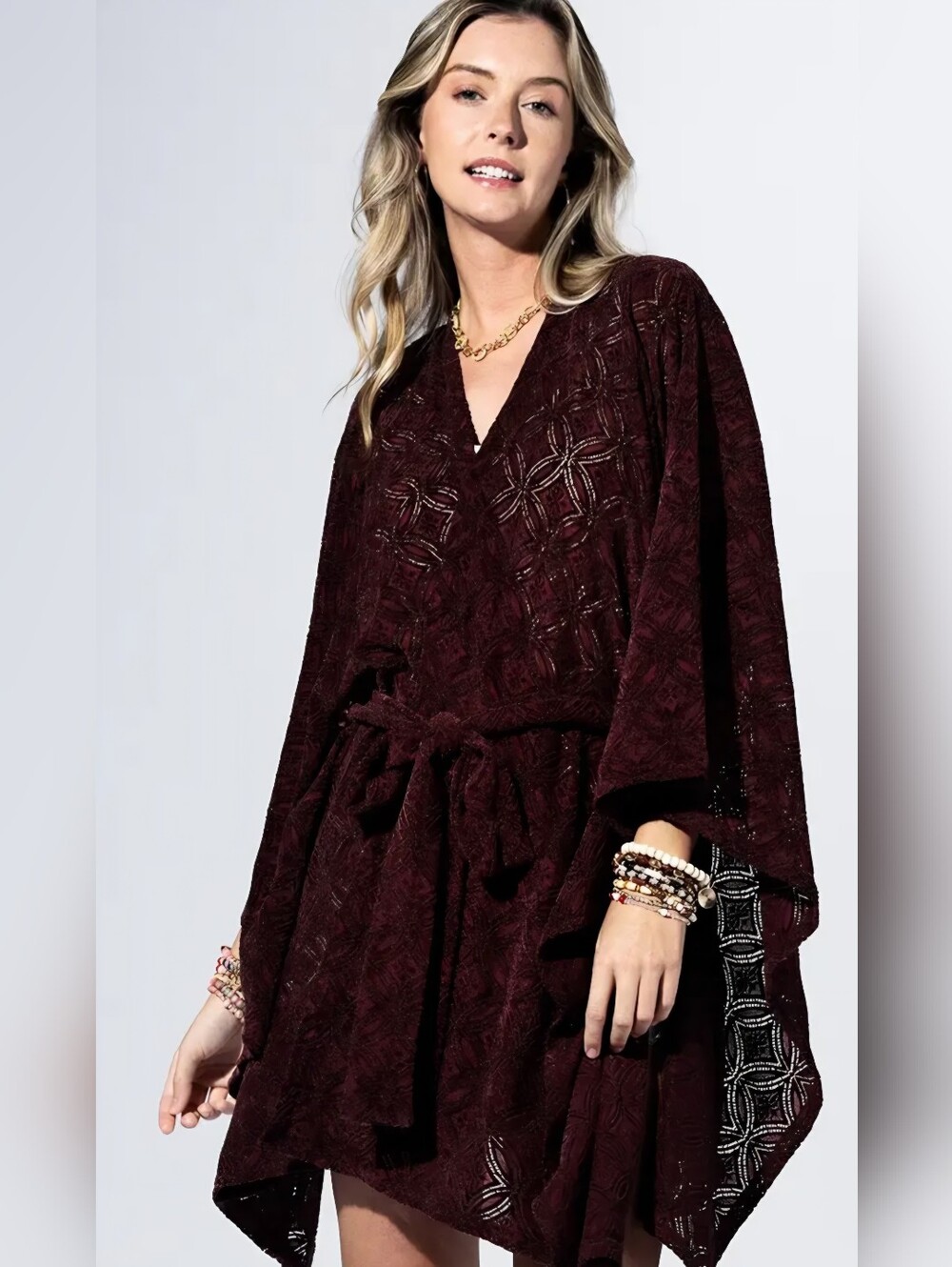 1187 Rouge Burnout Belted Kimono
